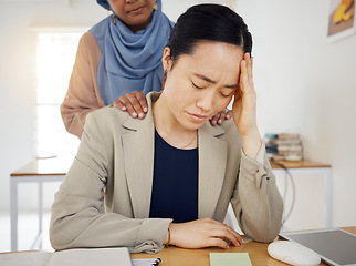 Image showing Depression, stress and a business woman with empathy, support and help in an office. Burnout, fired and entrepreneur person with headache, bad news or dismissal with hand of friend on shoulder