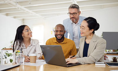 Image showing Video call, training and business people on laptop in office for teamwork, plan or collaboration. Online meeting, coaching and team in virtual conference for financial discussion, budget or feedback