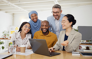 Image showing Business people, computer and teamwork or planning for marketing, website design and presentation in office. Group of men and woman on laptop for online news, startup meeting or project collaboration