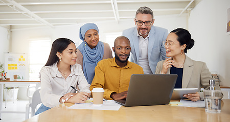 Image showing Business people, laptop and team, meeting or planning in marketing, website design and office presentation. Group of men and woman on computer for teamwork, online research and project collaboration