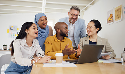 Image showing Business people, meeting and computer in group planning in marketing, website design and office presentation. Team of men and woman on laptop for teamwork, funny conversation or project collaboration