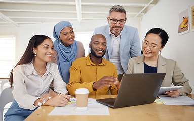 Image showing Business people, meeting and laptop for team collaboration planning and website design presentation in office. Diversity group of men and woman on computer for teamwork, marketing training or project