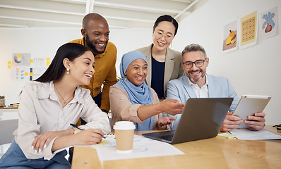 Image showing Business people, presentation and laptop for team collaboration, planning and website design meeting in office. Diversity group of men and woman on computer in teamwork, marketing training or project