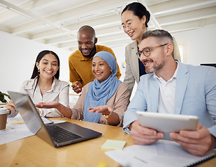 Image showing Video call, networking and business people with laptop in office for teamwork, design or collaboration. Online meeting, discussion and team in virtual conference for financial, budget or feedback