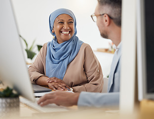 Image showing Smile, teamwork and business people in office for training, advice or collaboration while working on computer. Smile, help and Muslim senior woman mentor laugh with colleague while brainstorming idea