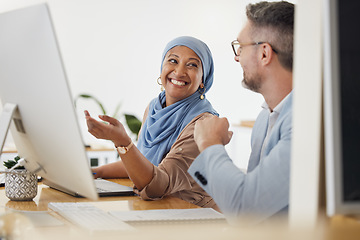 Image showing Feedback, consulting and computer with business people in office for creative, diversity and coaching. Teamwork, collaboration and training with employees in digital agency for website and designer