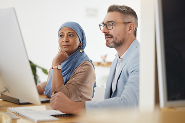 Image showing Training, thinking and computer with business people in office for diversity, planning and coaching. Teamwork, collaboration and feedback with employees in digital agency for website and designer