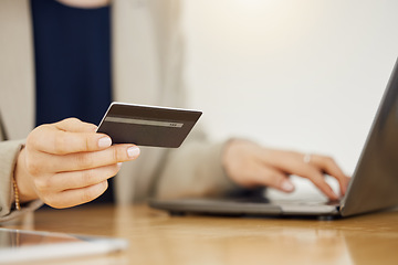 Image showing Banking, credit card and hands of business woman with payment on a internet or banking on a laptop. Online, loan and corporate professional or customer use rewards to purchase on ecommerce website