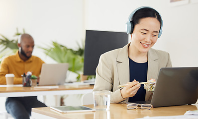 Image showing Call center, smile and woman with fast food, lunch or break on laptop in office consulting for crm, contact us or faq. Customer service, telemarketing and lead generation consultant online with sushi