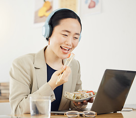 Image showing Smile, call center and woman with fast food, lunch or break on laptop in office consulting for crm, contact us or faq. Customer service, telemarketing and lead generation consultant online with sushi