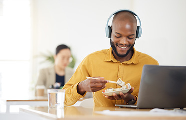 Image showing Food, delivery and happy black man with laptop in office for lunch break, eating and meal. Sushi, brunch and African manager online with positive review, survey or feedback for takeout order service