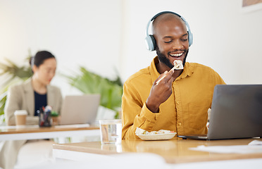 Image showing Food, break and black man, call center and lunch with laptop in office while consulting for crm, contact us or faq. Customer service, telemarketing and lead generation consultant online eating sushi