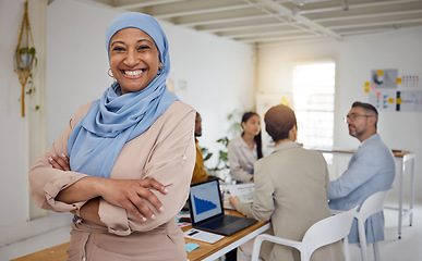 Image showing Ceo, Muslim woman and arms crossed portrait of business manager in a office with a smile. Company leader, management and mature female professional with a hijab ready for a website team meeting