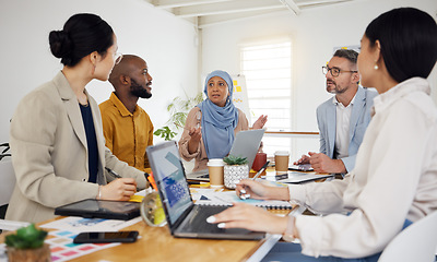 Image showing Mentor, planning and partnership with business people in meeting for brainstorming, project management and strategy. Teamwork, collaboration and solution with employees in office for client proposal