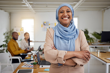 Image showing Leadership, Muslim woman portrait and arms crossed of business manager in a office with a smile. Company leader, management and mature female professional with a hijab ready for a team meeting