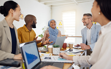 Image showing Strategy, planning and funny with business people in meeting for brainstorming, project management and partnership. Teamwork, collaboration and solution with employees in office for client proposal