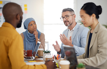 Image showing Solution, planning and teamwork with business people in meeting for brainstorming, project management or partnership. Strategy, collaboration and mentor with employees in office for client proposal