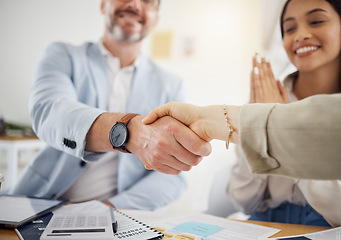 Image showing Business people, handshake and meeting in team hiring, partnership or growth together at office. Closeup of employees shaking hands in team agreement, b2b deal or thank you in recruiting at workplace