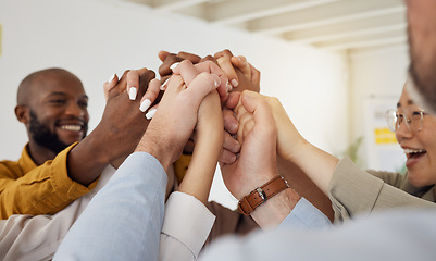 Image showing Holding hands, business people and happy support with diversity, partnership and collaboration. Celebration, motivation and company staff with solidarity, community and together with teamwork