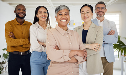 Image showing Portrait, business people with arms crossed and team, happy working together with diversity and community. Corporate group, support and confidence with collaboration, mission and professional smile