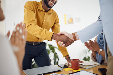 Image showing Creative people, handshake and meeting in hiring, b2b or partnership and applause in teamwork at office. Happy employees shaking hands in team recruiting, agreement or deal in startup at workplace