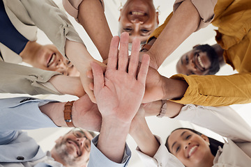 Image showing Hands, stack and team building, business people and support with winning, planning and mission, low angle and trust. Corporate community, success and solidarity, collaboration and palm with synergy