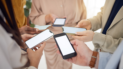 Image showing Business people, group and phone mockup screen for advertising, digital marketing and social network. Closeup of employees, hands and search space on mobile for multimedia, app and download UX data