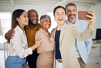 Image showing Happy selfie, group and business people in office for support, trust and global team building. Diversity, employees and friends smile in collaboration for photography, social media and startup blog