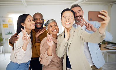 Image showing Selfie, smile and group of business people with peace for support, team building and emoji. Diversity, employees and happy friends with v sign for digital profile picture about us on social media