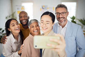 Image showing Selfie, smile and group of business people in office for support, trust and global team building. Diversity, employees and happy friends in collaboration for profile picture about us on social media