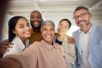 Image showing Portrait, selfie and team of business people smile in office for global staff collaboration. Diversity, happy employees or friends in profile picture about us on social media blog for company culture