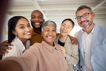 Image showing Happy selfie, portrait and team of business people smile in office for global staff collaboration. Diversity, employees or friends in profile picture about us on social media blog in startup together