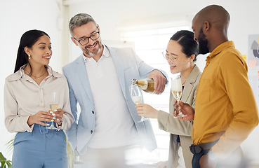 Image showing Winner, champagne and party with business people in office for success, celebration and support. Teamwork, target and friends with group of employees for community, achievement and congratulations