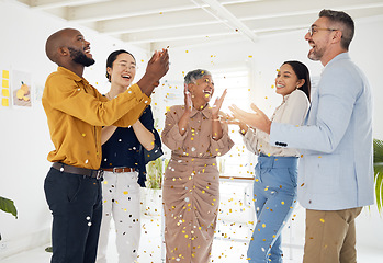 Image showing Success, confetti and party with business people in office for winner, celebration and support. Teamwork, target and friends with group of employees for community, achievement and congratulations