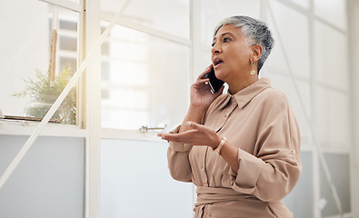 Image showing Senior woman, phone call and networking in a office with a smile and mobile conversation for work. Person, female professional and discussion from contact and communication for business online