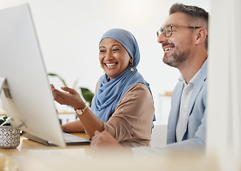 Image showing Training, feedback and computer with business people in office for creative, diversity and coaching. Teamwork, collaboration and consulting with employees in digital agency for website and designer