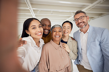 Image showing Portrait, selfie and diversity of business people smile in office for trust of global team building. Group, happy employees and friends in profile picture about us on social media for company culture