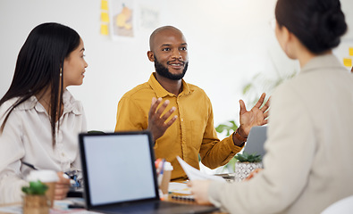 Image showing Strategy, planning and idea with business people in meeting for brainstorming, project management and partnership. Teamwork, collaboration and solution with employees in office for client proposal