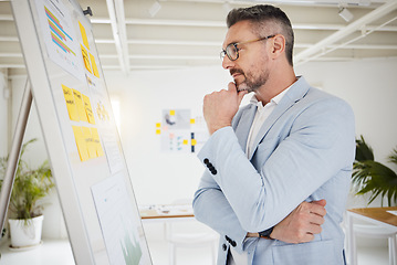 Image showing Thinking, planning and business man in office with vision board, graph and financial, budget or growth development. Idea, strategy and male manager brainstorming, solution or kpi, problem solving