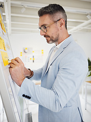 Image showing Writing, planning and business man in office with calendar, agenda and schedule management. Strategy, solution and manager with idea, goal and growth, sale or kpi target, mission or problem solving