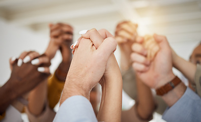 Image showing Holding hands, business people and office support with diversity, partnership and collaboration. Celebration, motivation and company staff with solidarity, community and together with teamwork