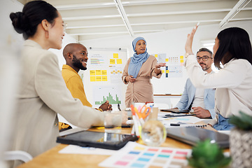 Image showing Woman, coaching and whiteboard with question in meeting, presentation or team strategy at office. Creative female person or mentor training staff with hand raised for interaction or ideas in startup