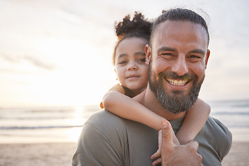 Image showing Portrait, father and child at beach at sunset, happy or bonding outdoor. Face, smile and dad of kid at ocean in foster care, interracial and having fun on summer trip, vacation or travel mockup space