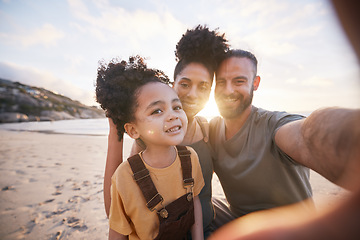 Image showing Portrait, family and selfie at beach at sunset, bonding and having fun outdoor. Face, smile and father, kid and mother at ocean in interracial, summer holiday or vacation to travel in profile picture