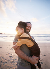 Image showing Sunset, hug and father with girl, beach and bonding with love, affection and tropical island getaway. Parent, female child and kid with dad, embrace and seaside holiday with adventure and journey