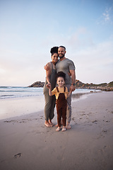 Image showing Portrait, family and smile at beach, holding hands and sunset, bonding or outdoor on mockup space. Face, happy and father, kid and mother at ocean in interracial, summer holiday or vacation to travel