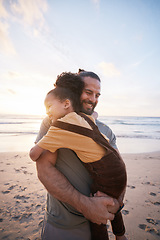 Image showing Beach, hug and father with girl, smile and bonding with vacation, island travel and happiness. Parent, happy dad and kid embrace, child and seaside holiday with tropical getaway, adventure and love