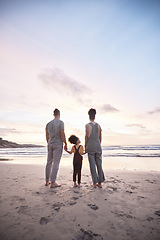 Image showing Back view, family at beach and holding hands at sunset, bonding or fun outdoor on mockup space. Rear, sea and father, kid and mother at ocean in interracial care, summer holiday or vacation to travel