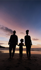 Image showing Silhouette, family at beach and holding hands at sunset, bonding or outdoor on mockup space. Shadow, sea and father, kid and mother at ocean in care, summer holiday or vacation to travel together