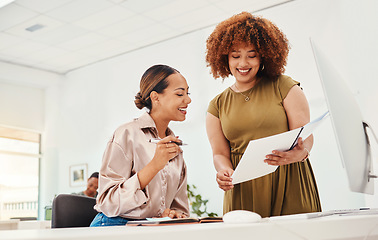 Image showing Happy creative women, documents and designer in team planning, strategy or ideas together at office. Female person and colleague smile with paperwork in design for project startup at the workplace